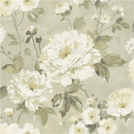 Botanical Floral Wallpaper Sage Green Cream Paste The Wall Textured Vinyl 10m (1/4)