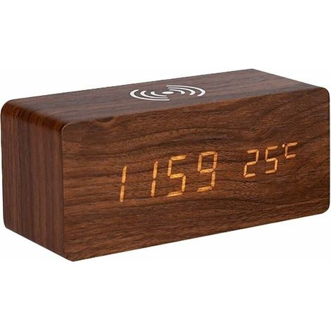 Wooden Digital Alarm Clock, Electronic LED Display for Bedroom, 10W Wireless Charging, 3 Alarm Settings, Date and Temperature Display, Brown – Braun MUMU (1/4)
