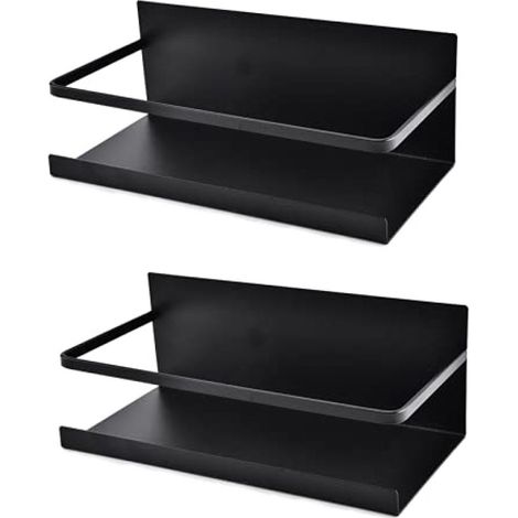 Ensemble de 2 étagères magnétiques pour réfrigérateur en acier inoxydable, étagère suspendue, étagère de cuisine, porte-épices, étagère de réfrigérateur, organisateur avec crochets (noir) (1/5)