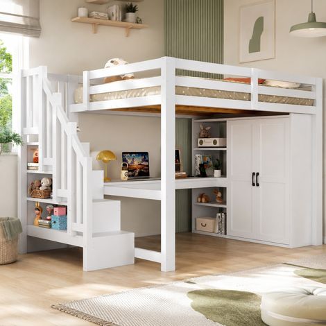 Hochbett 140x200 mit Schreibtisch, Schrank, Stauraumtreppe, LED & USB, Weiß OKMYHOME (1/5)