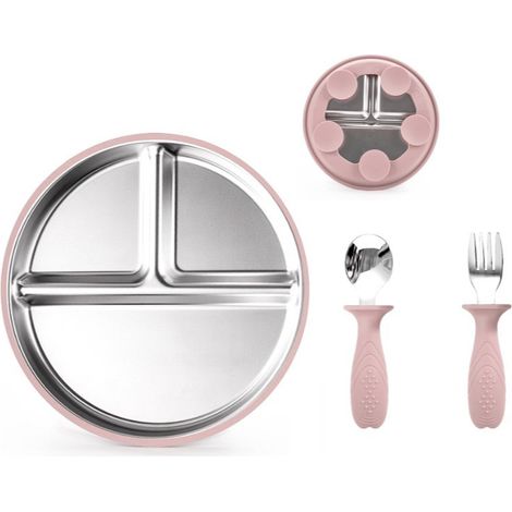 Piatto in acciaio inox per bambini - Piatto diviso, Piatto a tre scomparti  Posate in metallo antiaderente, Piatto da pranzo portatile con scomparti per verdure, frutta, snack e pasti - Piatto + forch