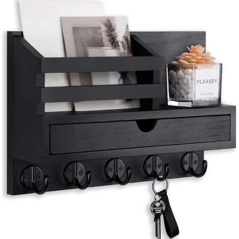 Soporte de pared para llaves, organizador de correo con cajón de almacenamiento y 5 ganchos para llaves, abrigo, correa de perro, estante decorativo, accesorios para el hogar, organizador de entrada ( (1/5)
