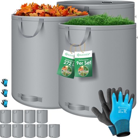 KESSER® Gartensack Set Laubsack Gartenabfallsack inkl. Handschuhe - Selbststehend 4 Griffe Stabil Robust & Faltbar - Laubsäcke Rasenschnitt Gartensäcke Grau / 9x 272 Liter