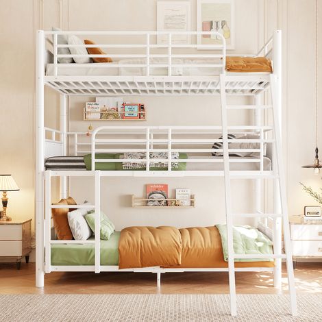 Lit superposé triple 90x200 cm, 3 couchages, métal, 2 échelles, convertible en 3 lits simples, blanc, pour enfants, sans matelas (1/5)