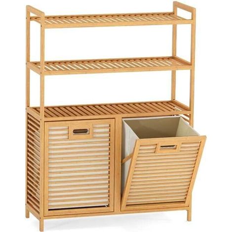 Panier à linge basculant en bambou naturel avec 3 étagères et 2 paniers amovibles pour salle de bain, chambre et buanderie
