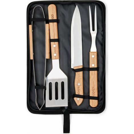 LIVOO Set de 4 accessoires barbecue GS164 - Fourchette, pince, spatule et couteau - Acier inoxydable finition bois (1/4)