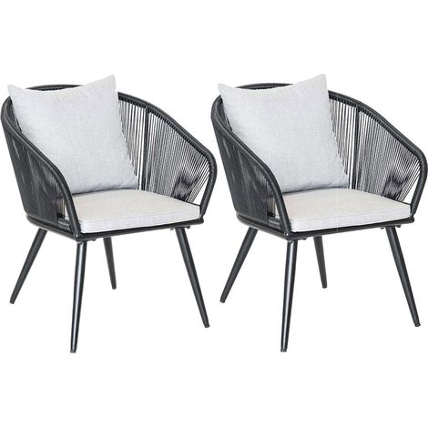 Lot de 2 Fauteuils de jardin en résine tressée structure en alu noir + coussin gris Comores - Jardiline (1/5)