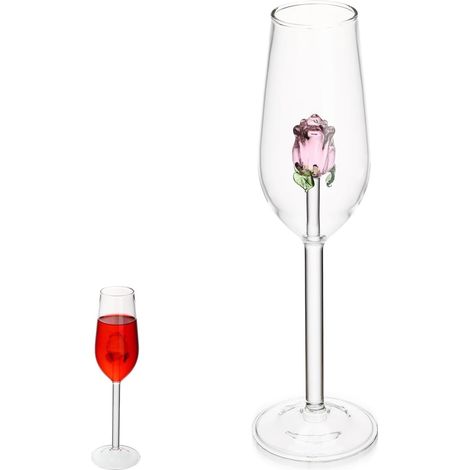 Verre à vin rose 3D avec rose sculptée – Élégant et unique
