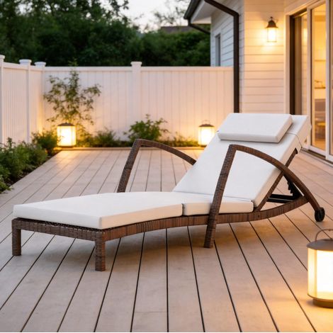 Chaise lounge 185x72x78 cm en acier et polyrattan beige, relevable pour terrasse FloraGrace (1/5)