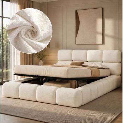Polsterbett 180x200 cm mit Bettkasten, Lattenrost, Kopfteil, Bouclé weiß OKMYHOME (1/5)