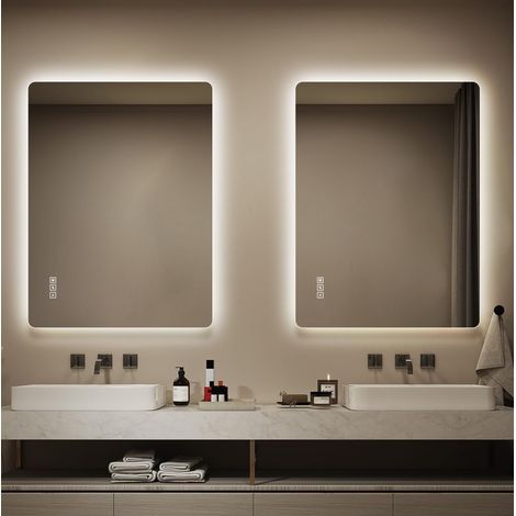 Miroir de salle de bain LED 60 x 80 cm sans cadre, antibuée, dimmable, 3 couleurs de lumière DESVIAE (1/5)