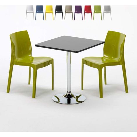 Table Carrée Noire 70x70cm Avec 2 Chaises Colorées Grand Soleil Set Intérieur Bar Café Ice Mojito - Vert (1/5)