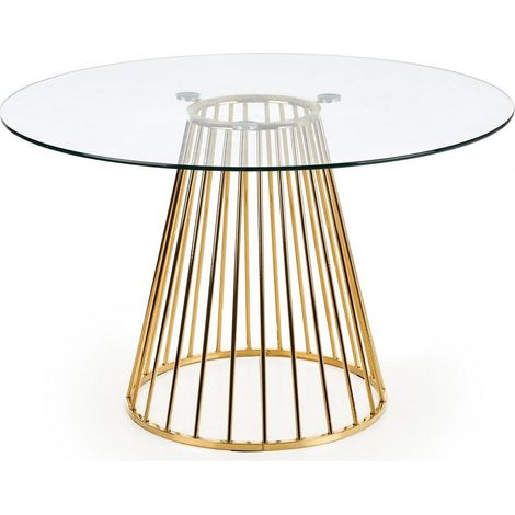 Table de salle à manger ronde avec plateau en verre et pied central en acier doré Cambridge (1/5)