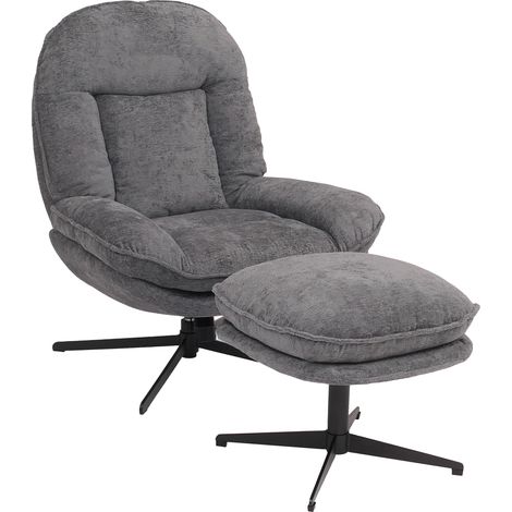 [NEUWERTIG] Relaxsessel mit Hocker HHG-704, Fernsehsessel Nosagfederung, drehbar Metall Stoff/Textil Chenille (370 g/m²) grau