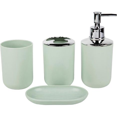 Ensemble de rangement moderne blanc pour salle de bain avec porte-brosse à dents, porte-savon, distributeur de savon et plateau de rangement en plastique (lot de 4), vert Morandi (1/4)