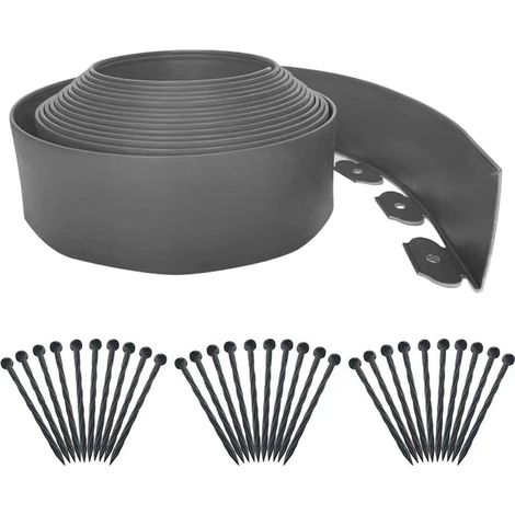 Gris Bordure de pelouse Flexible en Plastique - 30 piquets - Longueur : 10 m - Hauteur : 6 cm