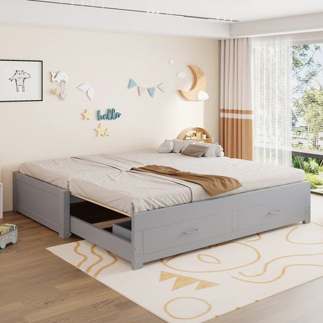 Lit gigogne extensible 90x190/180x190 cm gris, lit banquette 2 places avec 2 tiroirs de rangement, sommier à lattes, pin MDF (1/5)