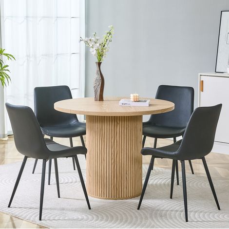 Set tavolo rotondo Ø100 cm in MDF con 4 sedie in PU nero, naturale DESVIAE (1/5)