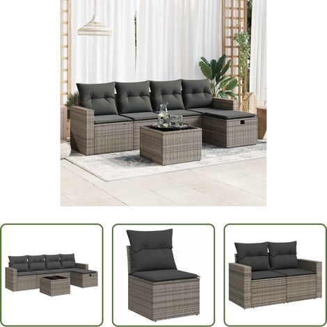 vidaXL Rattanmöbel - 6-tlg. Garten-Sofagarnitur mit Kissen Grau Poly Rattan (1/5)