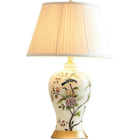 Lampe de table en céramique artisanale avec abat-jour élégant en tissu, lampe de chevet à motif floral et oiseaux pour la chambre (1/5)