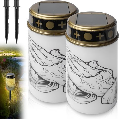 Lot de 2 Lanternes funéraires solaires LED étanches avec piquet, lumière blanche chaude pour cimetière et jardin (1/5)