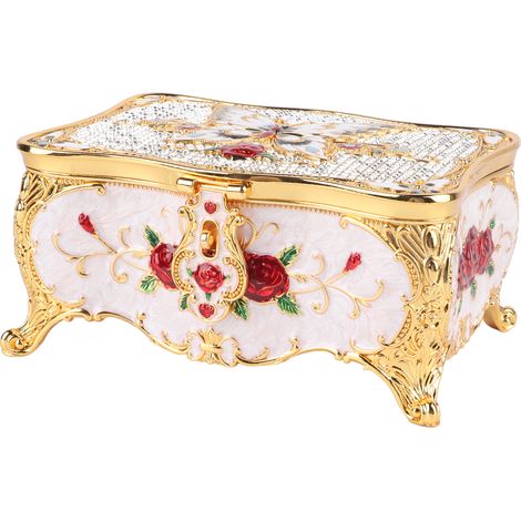 Coffret à Bijoux Vintage en Métal Alliage, Boîte à Trésors Verrouillable pour Femmes et Filles, Décoration Fleurs Blanche Rouge Dorée, Idéal Cadeau Noël Anniversaire (1/5)
