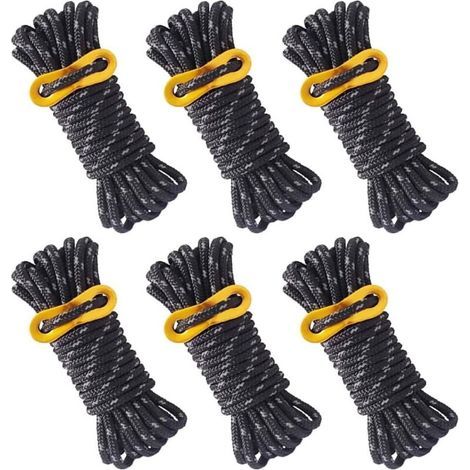 6 Pièces Corde de Tente Réfléchissante Corde Tente Camping 4 m X 5 mm Corde de Tente Noire avec Tendeur Réglable pour Les Tentes d'auvent de Camping en Plein Air (1/5)