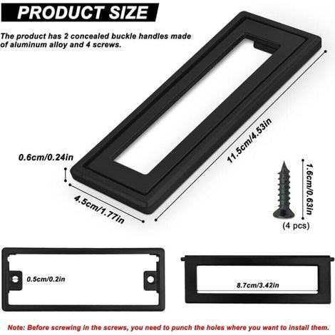 Un ensemble de deux poignées de porte encastrées carrées noires, mesurant 4,53 x 1,77 pouces, adaptées aux armoires et aux tiroirs, en alliage de zinc, pour portes à trappe métalliques, avec un design (1/3)