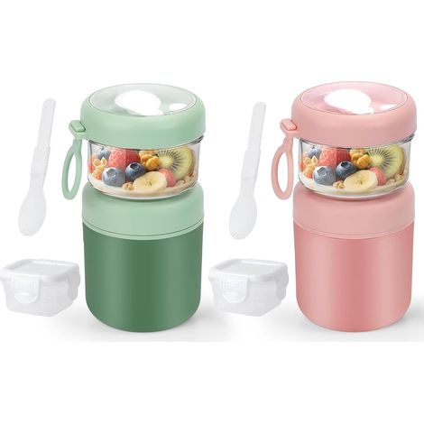 Lot de 2 Pots en Verre avec Couvercle pour Yaourt: Bols Isothermes 530/330 ml en Acier Inox. – Compartiment, Cuillères Pliables (1/5)