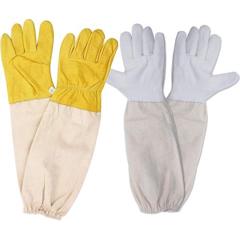 Gants d'apiculture 2 Paire Beekeeping Gloves Gants de Protection en Peau de Mouton avec Manches pour Apiculteurs (Jaune Blanc)359cm (1/5)