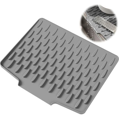 Tapis d'égouttement en silicone - Gris - antidérapant Avec évacuation de l'eau Résistant à la chaleur et imperméable Protection du plan de travail (40 x 33 cm) (1/4)