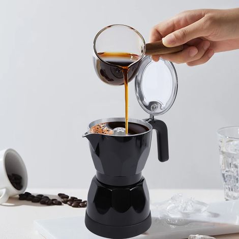 Cafetière électrique 3 tasses en aluminium octogonal noir, idéale pour la maison, les voyages et le bureau. (1/4)