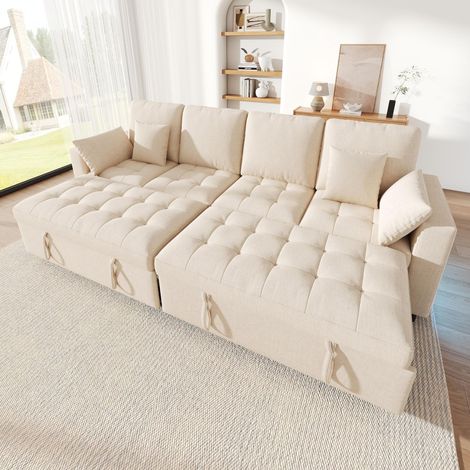 Sofá cama esquinero - 262.5 x 140 x 89 cm - camas extraíbles independientes, led app, carga usb, respaldo ajustable, estilo moderno, chenilla - beige (1/5)