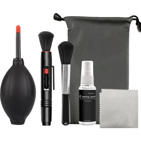Kit di pulizia multifunzionale, soffiatore per polvere, penna per la pulizia, spazzola, panno in microfibra per la pulizia delle lenti per fotocamera, telescopio, smartphone, nero