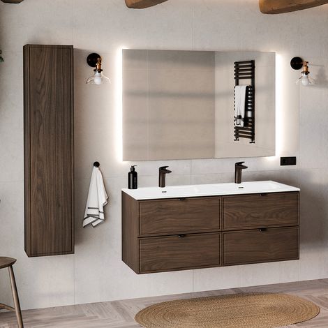 Ensemble meuble double vasque encastrée 120cm et colonne Elias Bois foncé (1/5)