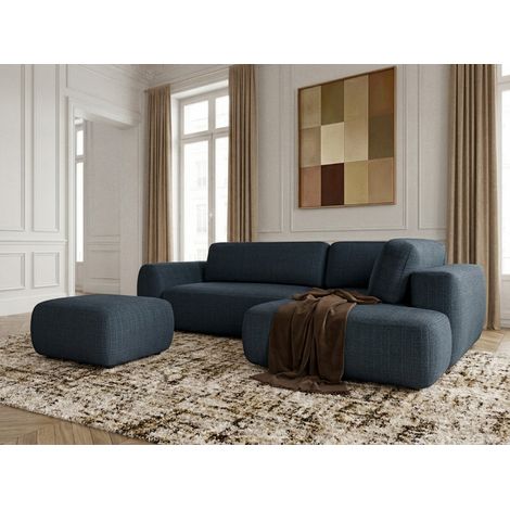 BOBOCHIC - Canapé angle L convertible coffre DENISE tissu texturé avec pouf Angle droit  Bleu foncé (1/5)