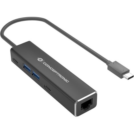 Conceptronic ABBY13B Gigabit Ethernet USB 3.2 Gen 1 Adapter mit USB-Hub, GbE, US