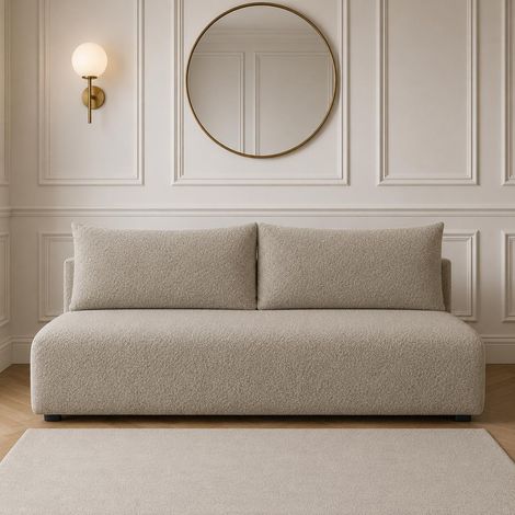 Sofello Sofa LUNO boucle mit Schlaffunktion Beige – Moderne Boucle sofa für Ihr Wohnzimmer, Schlaffläche: 204×144 cm (1/5)