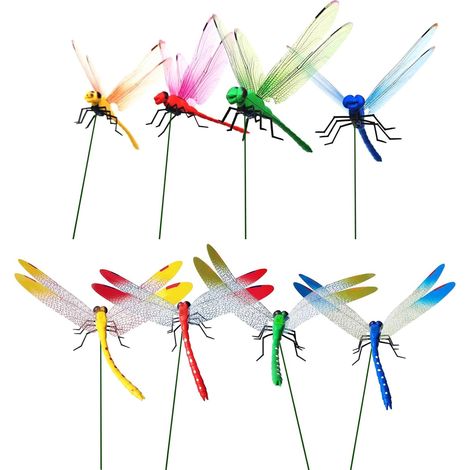 Lot de 8 décorations de jardin libellule 3D, ornements de jardin, décoration de pots de fleurs d'extérieur, faux piquets décoratifs, 4 couleurs (8 pièces)