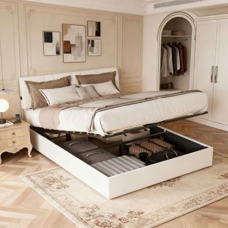Letto 140x190 - POCKETPOP - Velluto Teddy bianco latteo - Testiera regolabile - Struttura del letto con rete a doghe - 2 posti