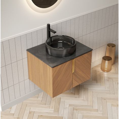 Mueble de lavabo suspendido 61 cm, cristal negro, piedra sinterizada, 2 puertas - CHICFURN (1/5)