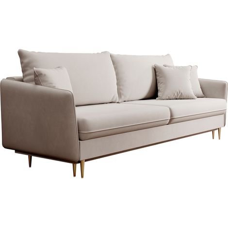 Selsey Volio – 3-Sitzer Schlafsofa in Samt wasserabweisend mit goldenen Beinen, Graubeige