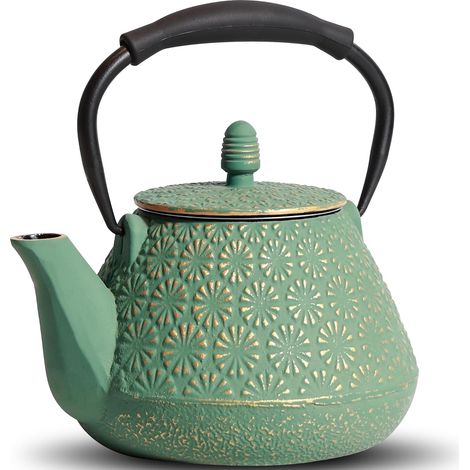 Gusseiserne Teekanne – 1 Stück – Sakura-Muster – Mit Teesieb – Für Induktions- und Gasherde geeignet – 950 ml – Grün (1/5)