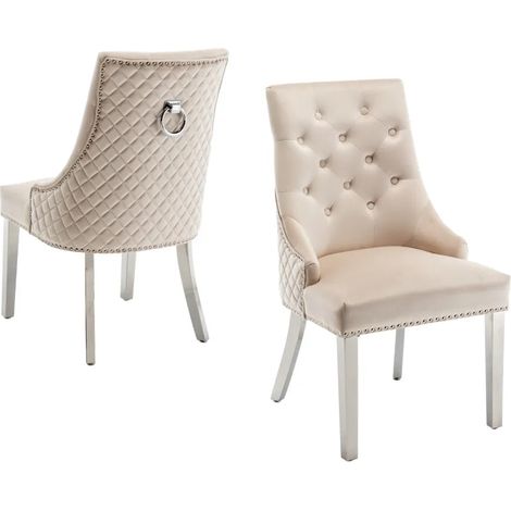 Lot de 2 chaises ANNEAU matelassée et cloutée Chrome velours - Beige