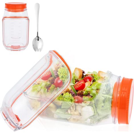 Saladier en bocal, boîte à salade empilable verticalement, bol intégré, ouverture latérale étanche, cuillère incluse (1/5)