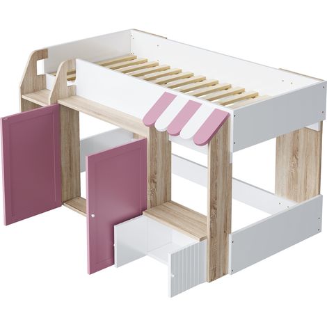 Letto a soppalco bambini 90 x 200 cm in legno con scala e contenitore, bianco rosa e legno (1/5)