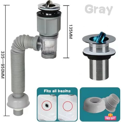 (Gris) Ensemble de tuyau de drainage anti-odeurs à clapet, rétractable, flexible et résistant aux obstructions. (1/5)