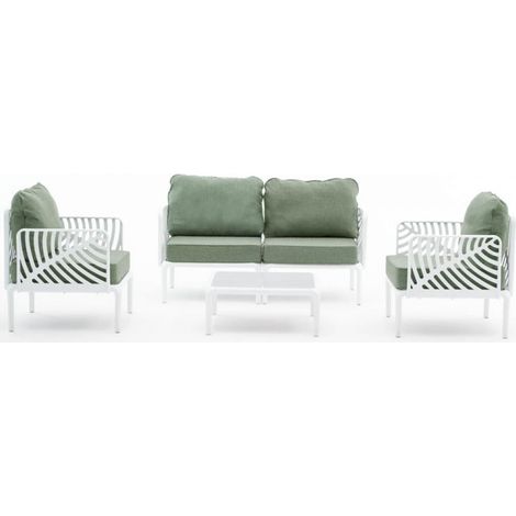 Set Giardino Sierra 4 Posti – Divano, 2 Poltrone, Tavolino – Resina con Fibra di Vetro, Cuscini Imbottiti Sfoderabili, Design a Foglia – Per Esterno, Terrazza, Balcone (1/4)