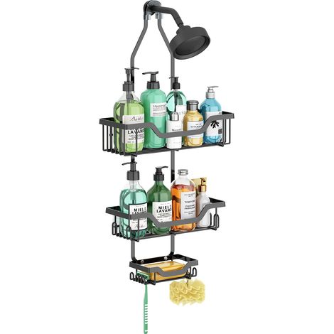 Porte-Savon et Rangement de Douche Suspendu à 3 Niveaux - Organisateur de Douche en Métal Noir, Sans Perçage, pour Tête de Douche, avec Crochets, pour Shampoing, Gel Douche et Accessoires de Salle de (1/2)