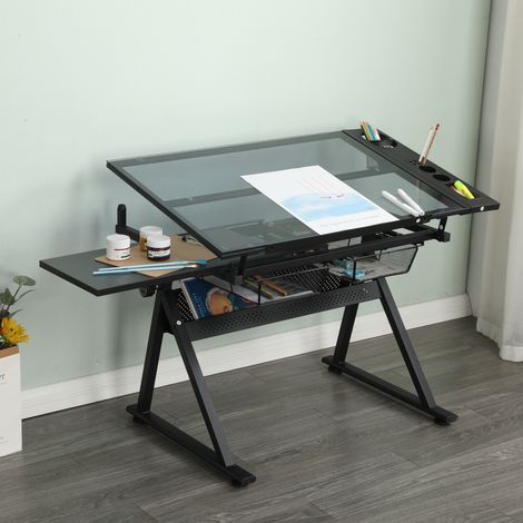 Table de dessin réglable 98x60x69-91 cm en verre trempé noir, avec tabouret, pour bureau (1/5)